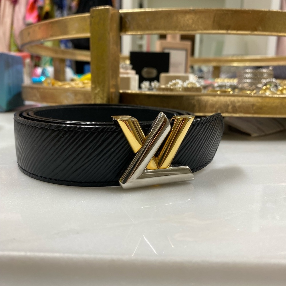 Louis Vuitton Black Epi Leather Belt with Gold & Silver LV Buckle